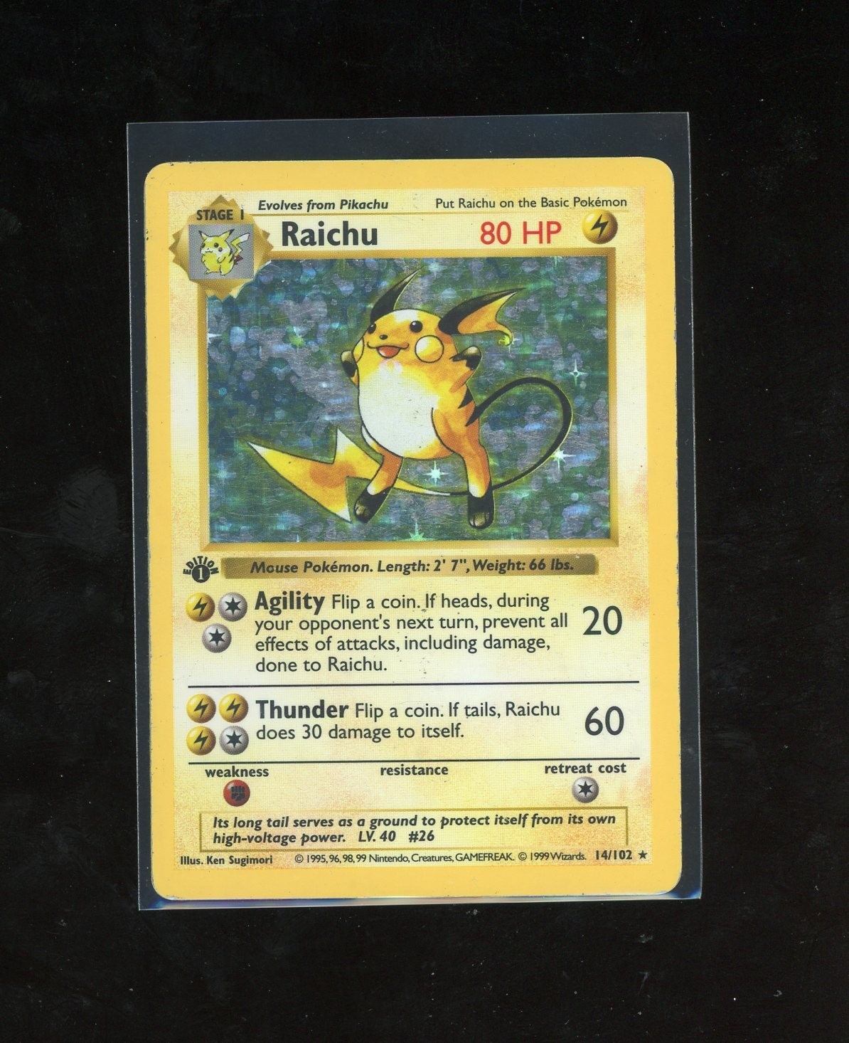 1999 1ST EDITION Pokemon Base Set Shadowless Raichu 14/102 Holo Foil Rare