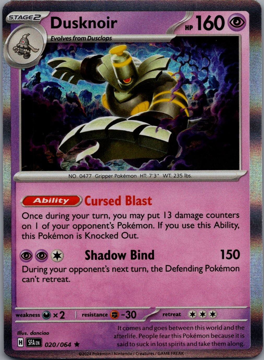 Dusknoir 020/064 R Shrouded Fable Pokemon Holo Near Mint
