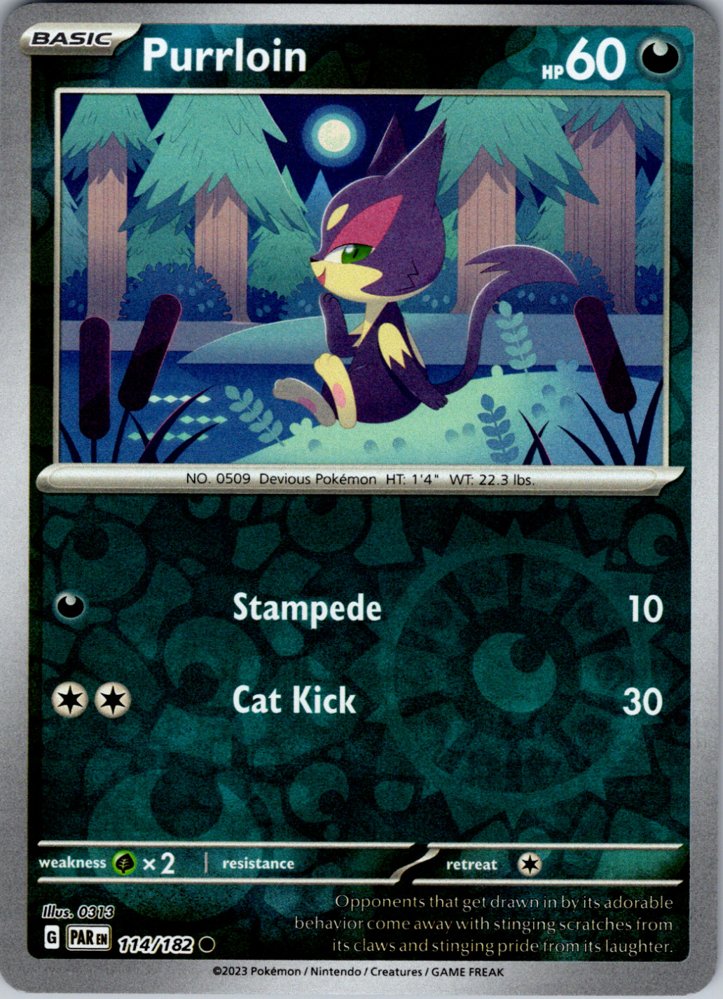 Pokemon – Purrloin – 114/182 – Paradox Rift – Reverse Holo – NM/M