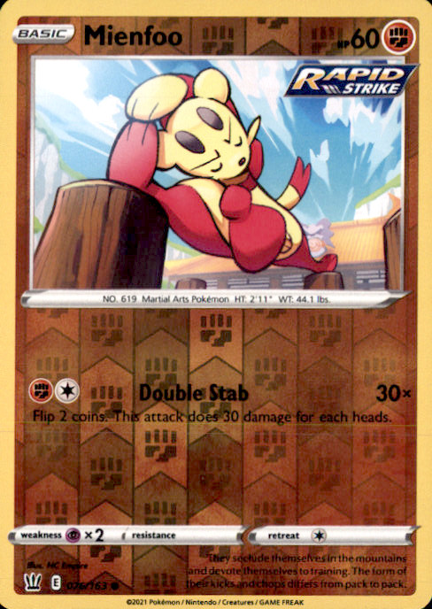 Mienfoo Reverse Holo Common SWSH05: Battle Styles 076/163 NM NC Empire 2021