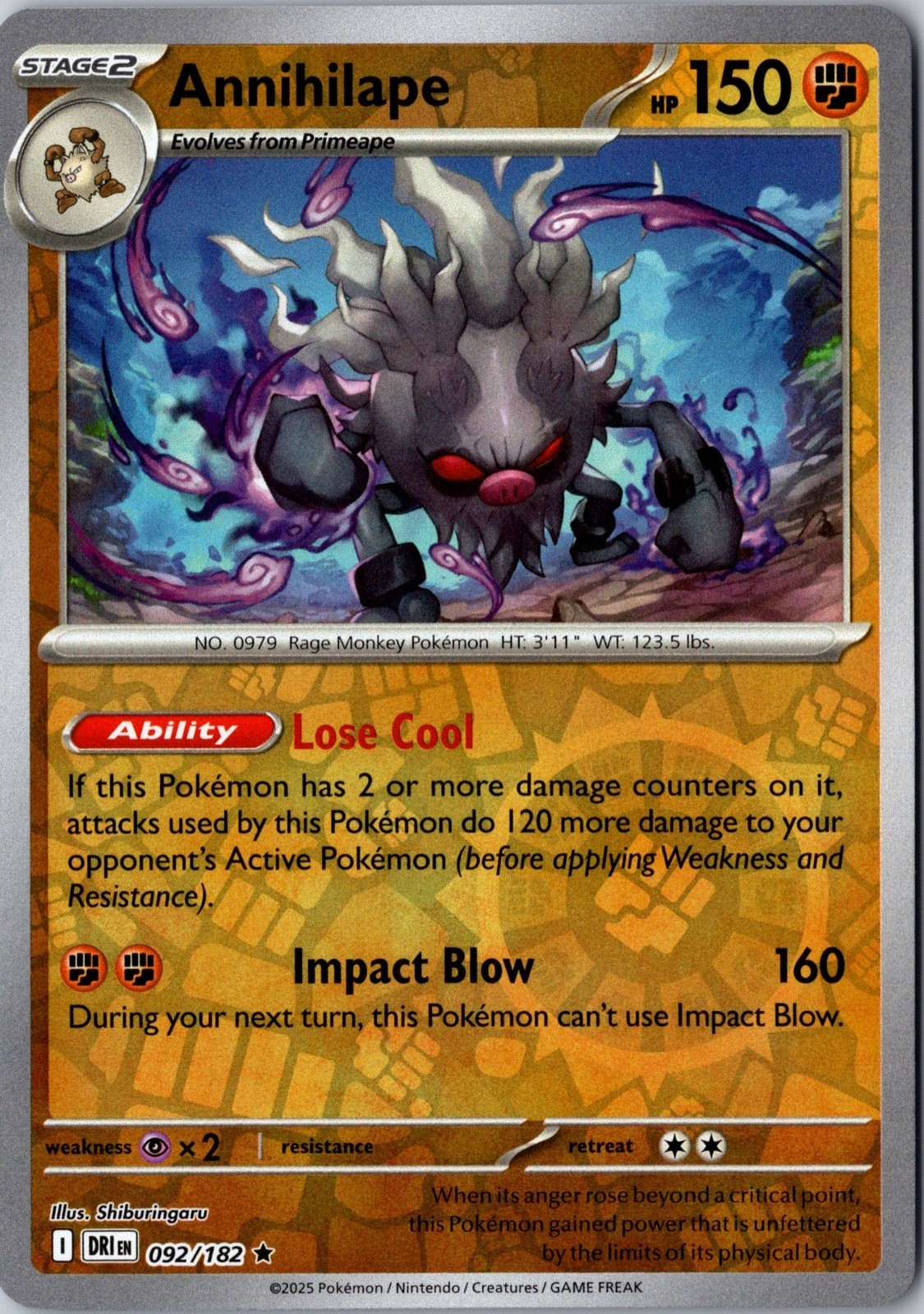 Annihilape Reverse Holo Rare SV10: Destined Rivals 092/182 NM