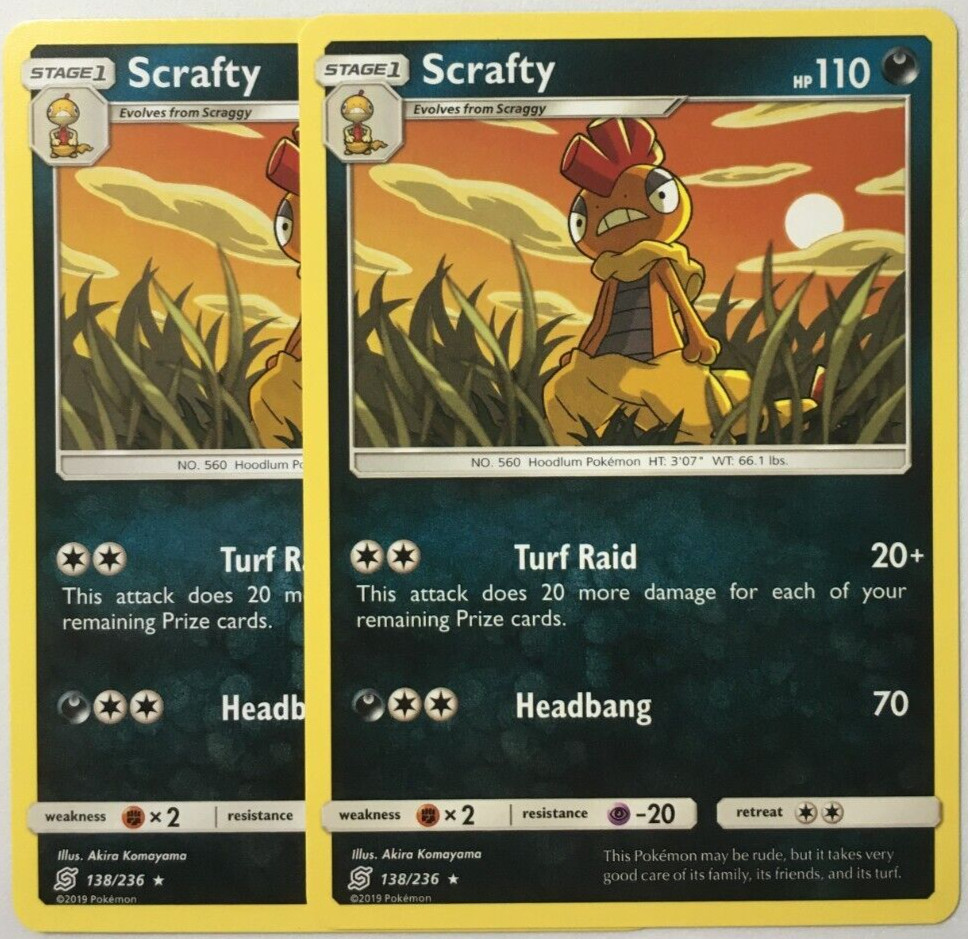 POKEMON 2X SCRAFTY 138/236 UNIFIED MINDS RARE NEAR MINT