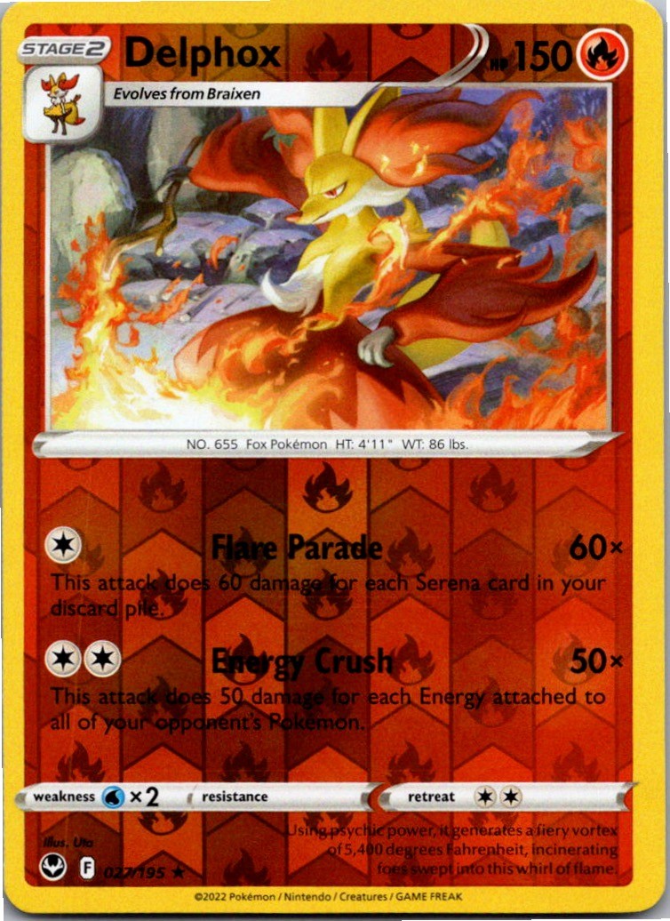 Delphox 027/195 Rare Silver Tempest Pokemon Reverse Holo Near Mint