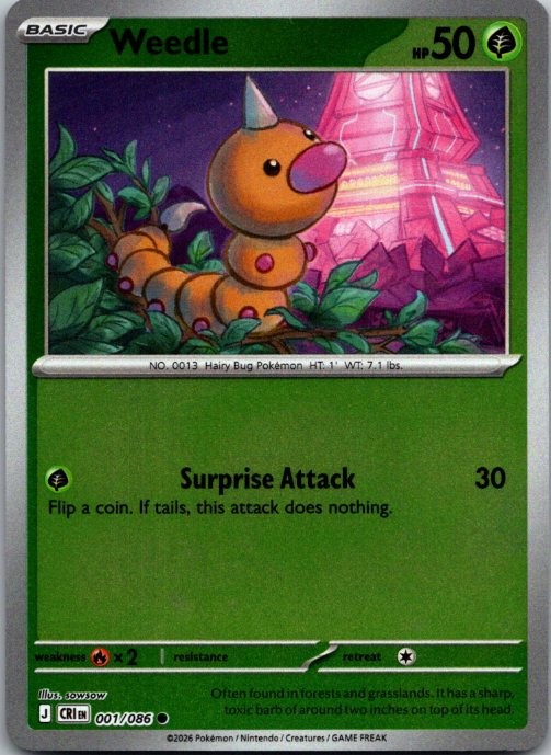 Weedle Reverse Holo Common ME04: Chaos Rising 001/086 NM