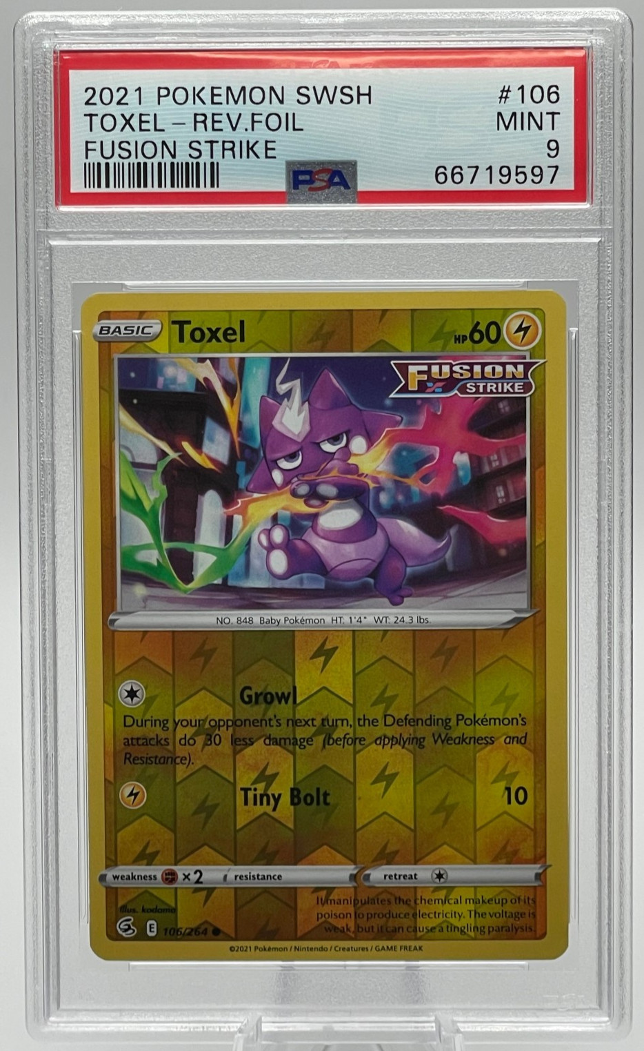 2021 POKEMON SWORD & SHIELD FUSION STRIKE #106 TOXEL REVERSE FOIL PSA 9 MINT