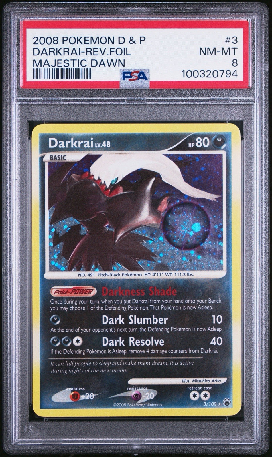 Darkrai 2008 Majestic Dawn 3/100 Pokemon Holo PSA 8 (Error Label)