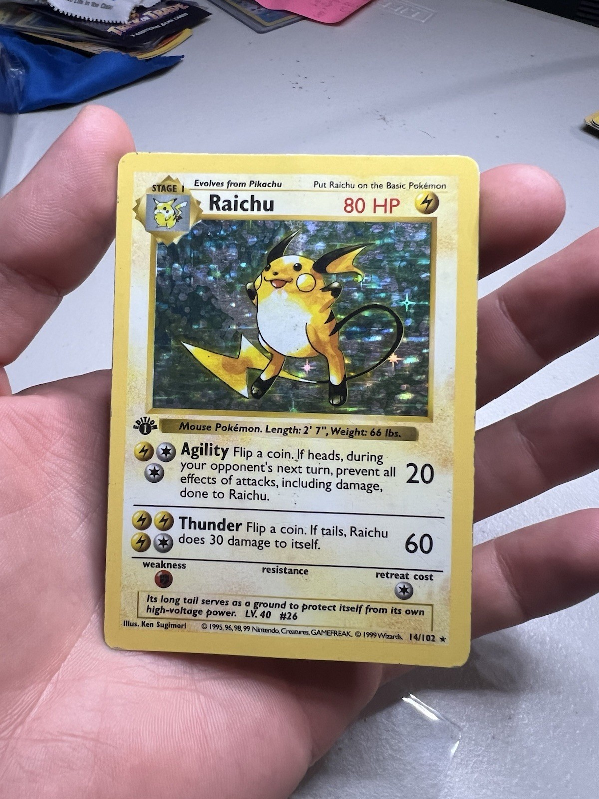 1999 1ST EDITION Pokemon Base Set Shadowless Raichu 14/102 Holo Foil Rare