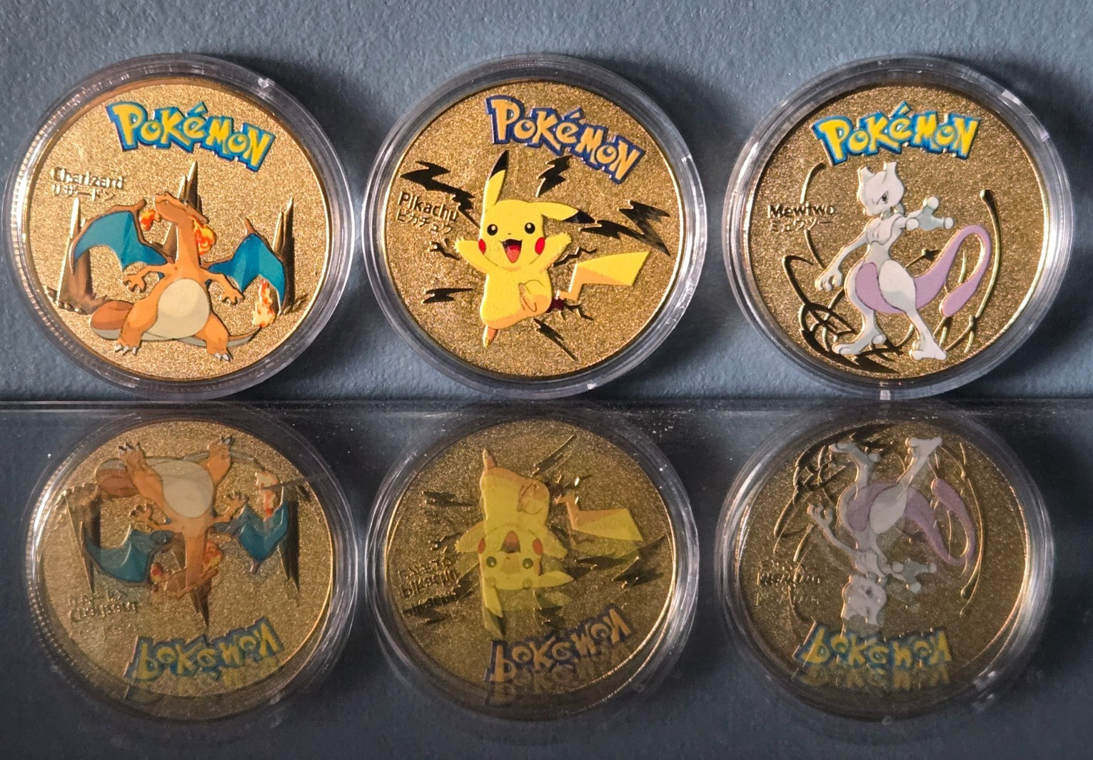 Pokemon Charizard Pikachu Mewtwo Gold Plated Collectible Coins Souvenir Set of 3