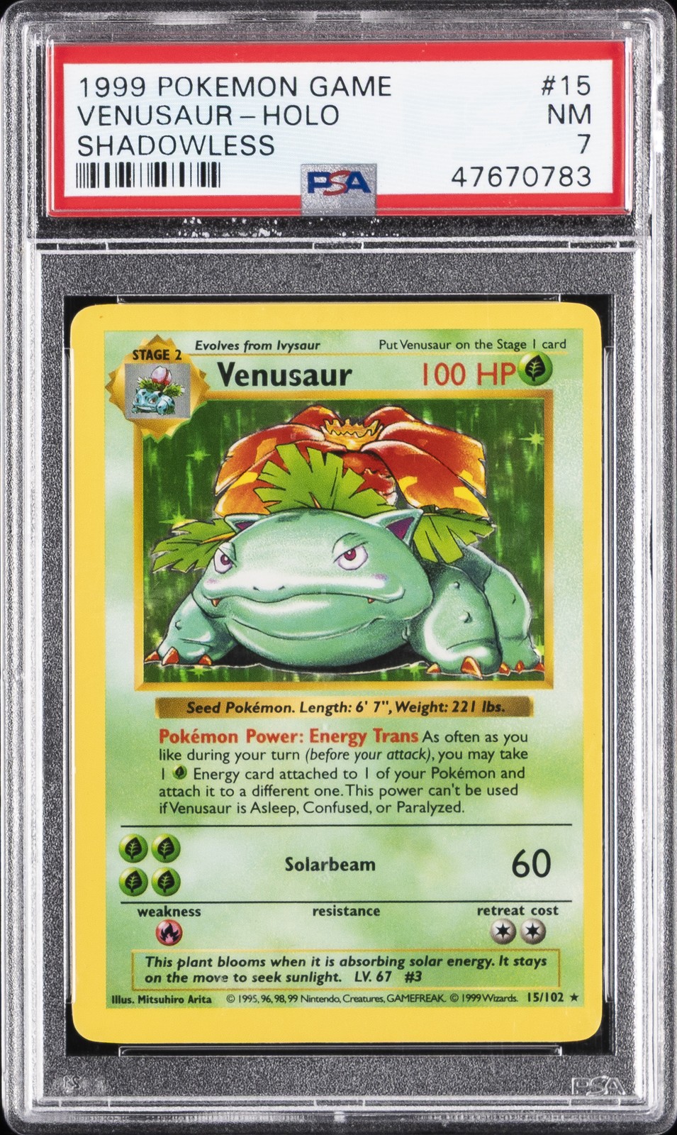 1999 POKEMON GAME SHADOWLESS #15 VENUSAUR-HOLO PSA 7