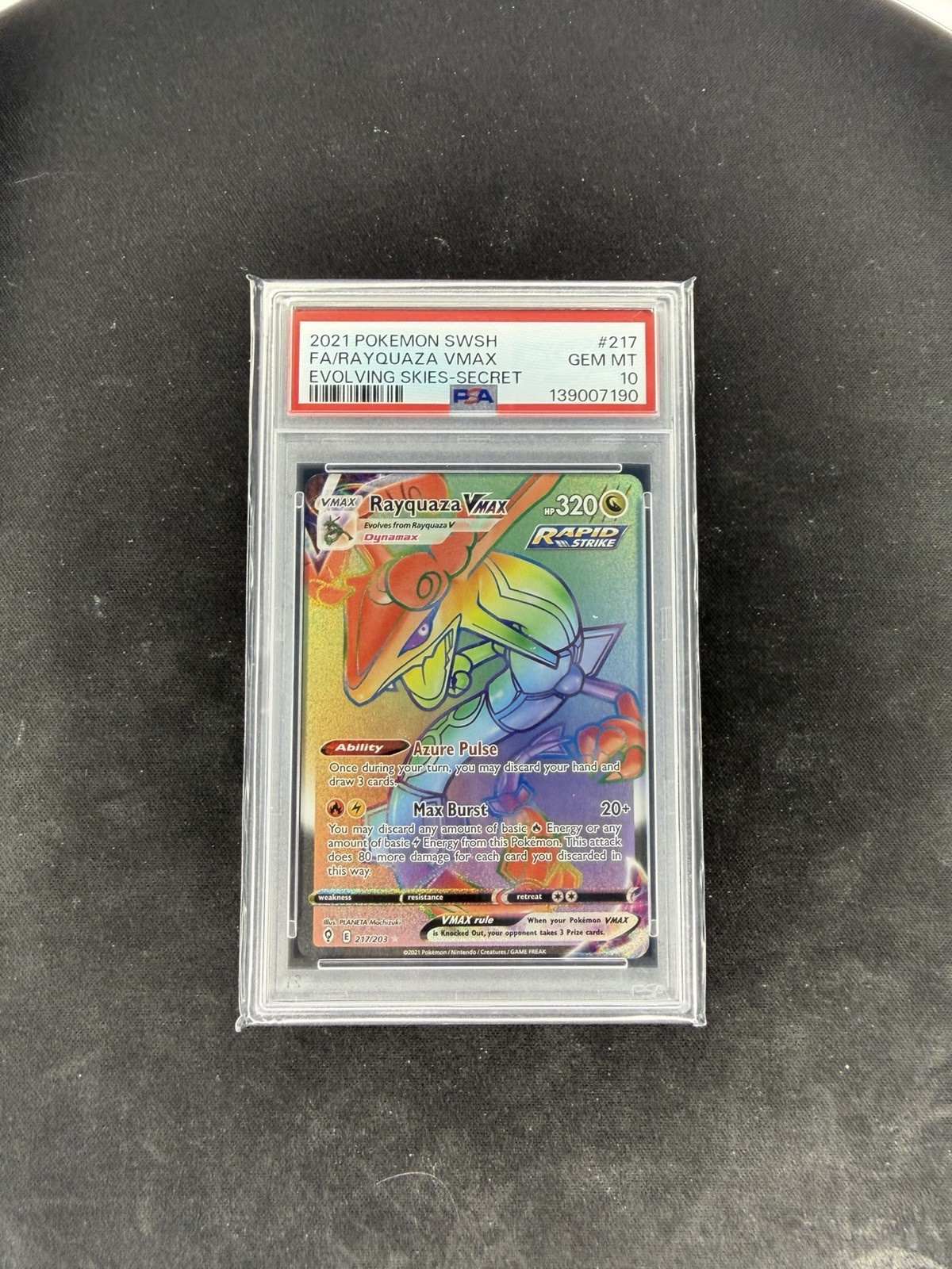 Pokemon 2021 Evolving Skies Rayquaza VMAX 217/203 Secret Rare Holo PSA 10