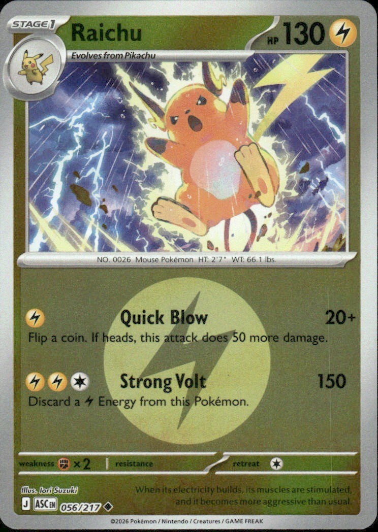 RAICHU (ENERGY SYMBOL) 056/217 ASCENDED HEROES REVERSE HOLO POKEMON IORI SUZUKI