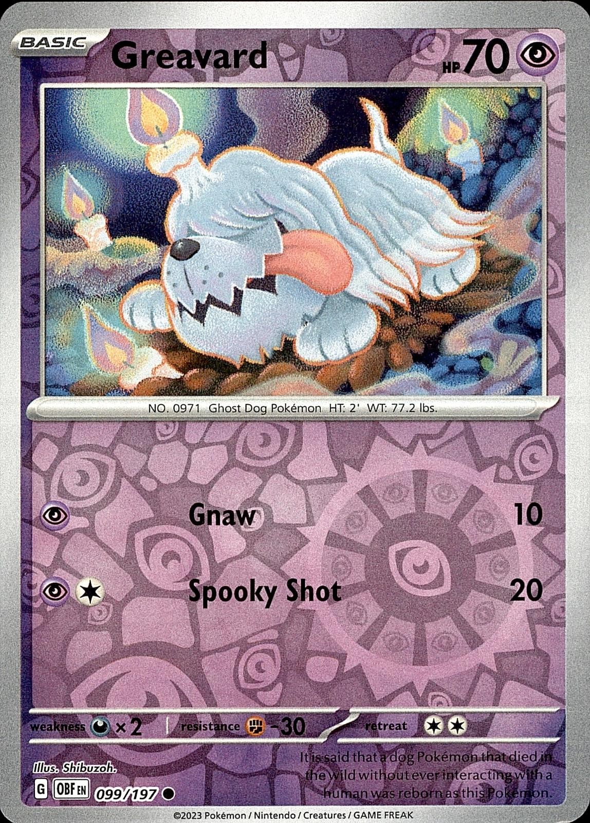 POKEMON GREAVARD 099/197 OBSIDIAN FLAMES COMMON REVERSE HOLO LP
