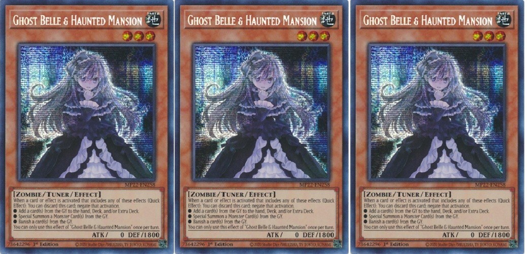 * 3X GHOST BELLE & HAUNTED MANSION 3X * PRISMATIC SECRET RARE MP22-EN258 YUGIOH!