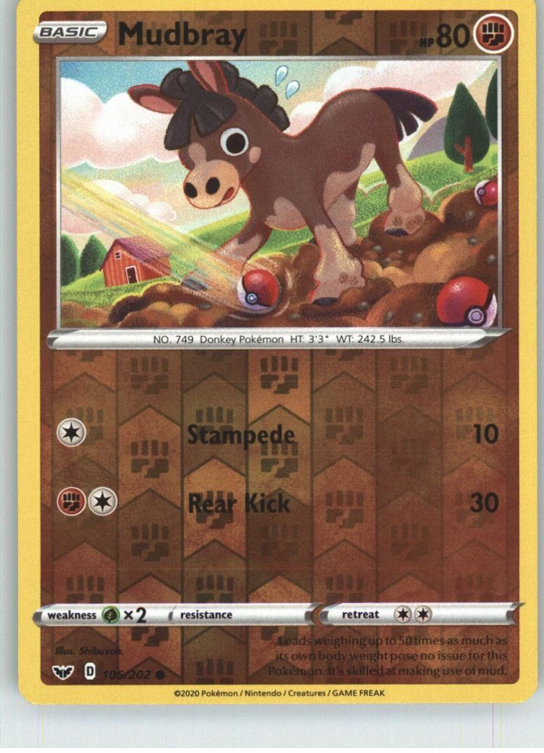 Mudbray 105/202 Common Sword & Shield Pokemon Reverse Holo Near Mint