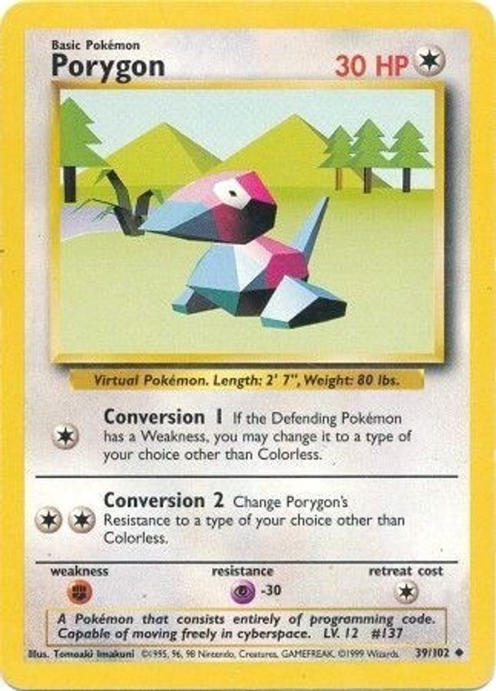 1999 Pokemon: Base Set – Porygon (#039/102, Uncommon, Heavily Played)