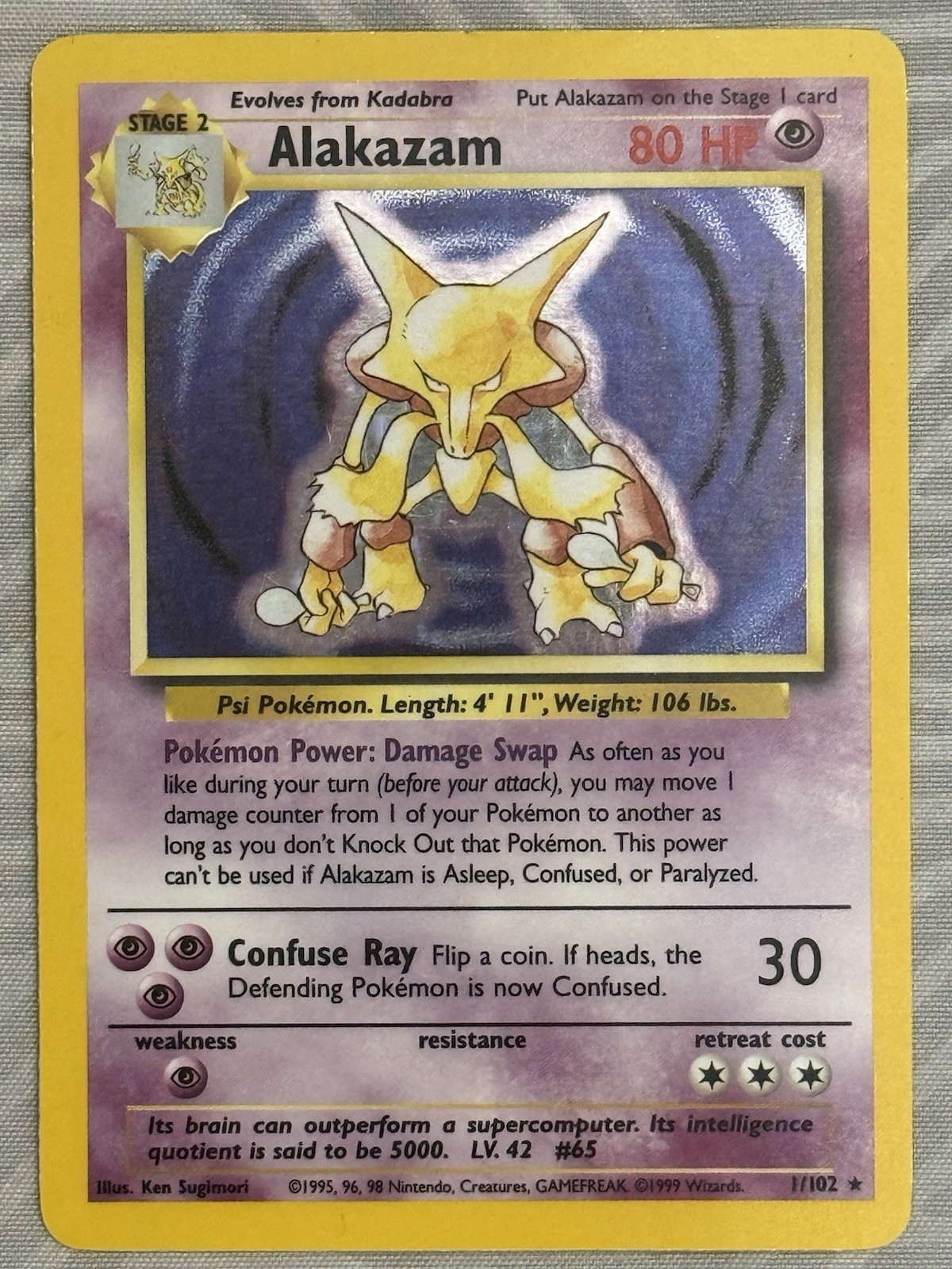 AUTHENTIC Alakazam 1/102 Base Set Holo Rare WOTC LP/NM