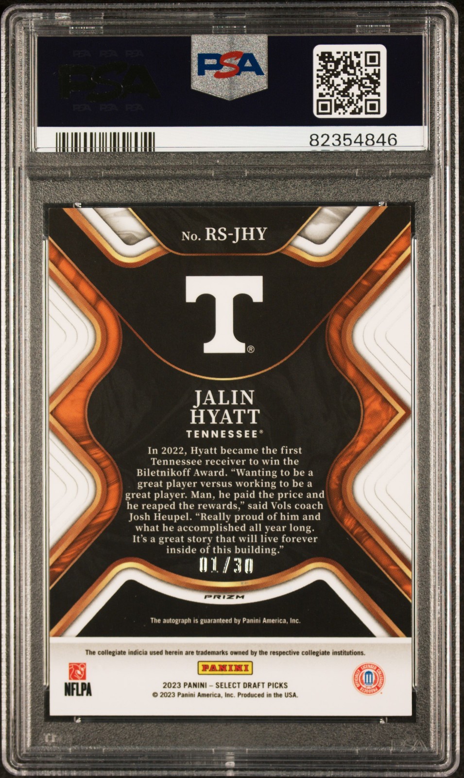 2023 Panini Select Draft Jalin Hyatt JHY RC Signature Orange Pulsar (1/30) PSA 9