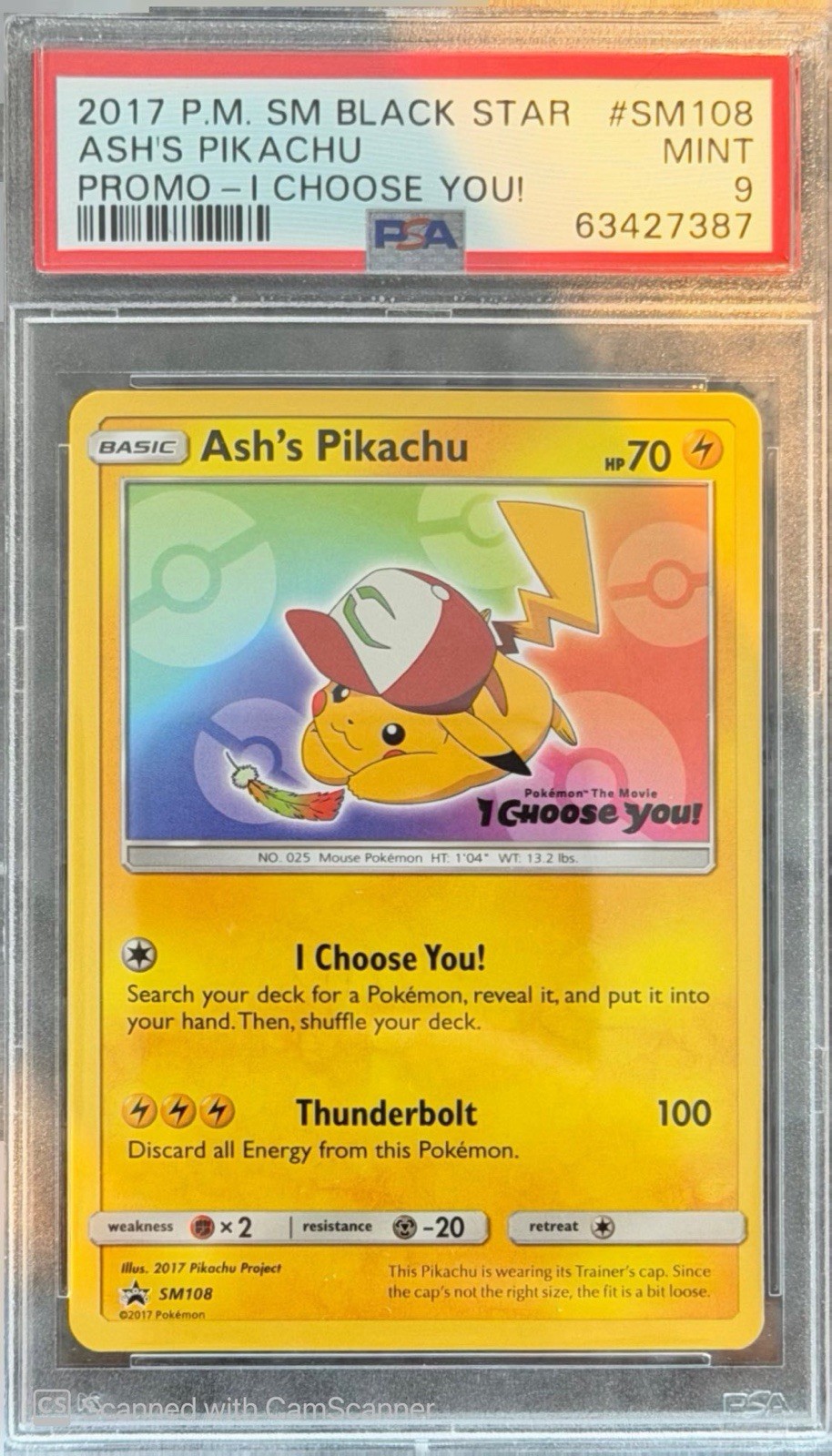 2017 Pokémon P.M SM Blackstar #SM108 Ash’s Pikachu Promo-I Choose You PSA 9