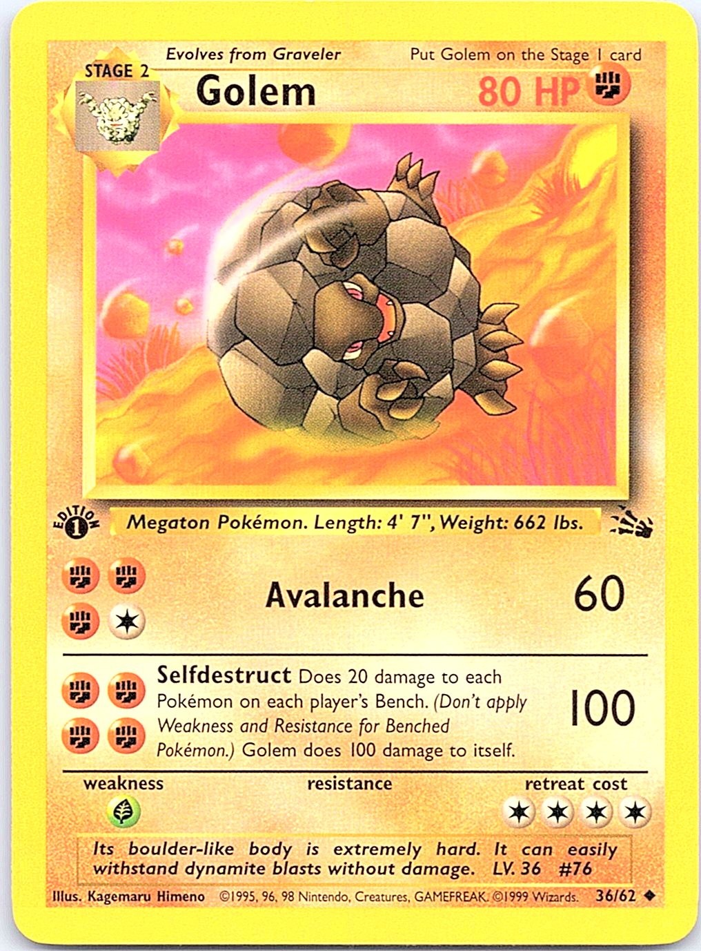 Golem 36/62 Uncommon Fossil Pokemon 1st Edition Lightly Played