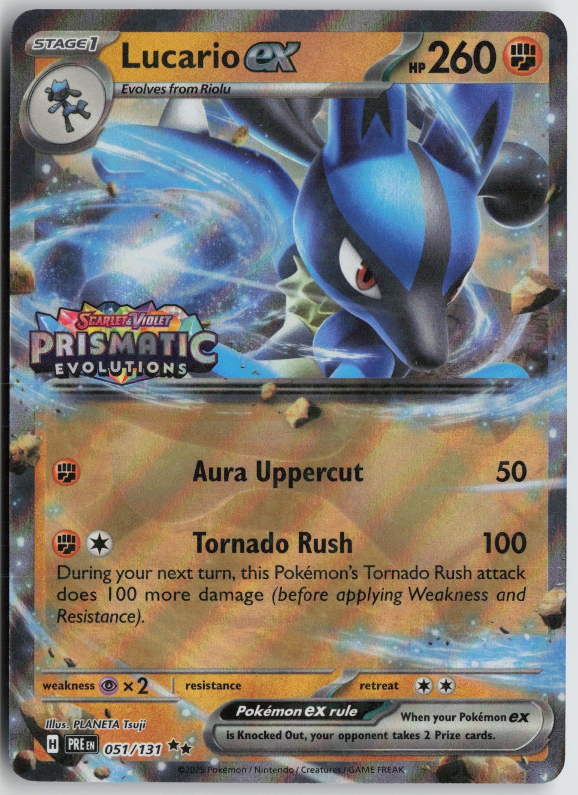 Lucario ex Prismatic Evolutions Stamp Double Rare Holo 051/131 NM PLANETA Tsuji