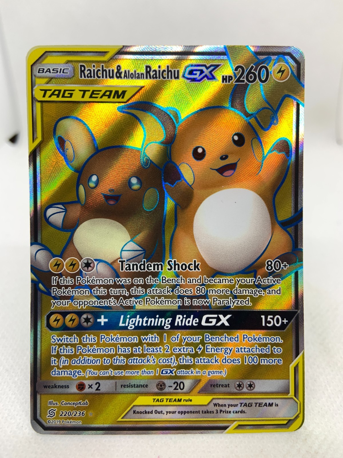 Pokemon TCG Raichu & Alolan Raichu GX Full Art TAG TEAM Unified Minds 220/236
