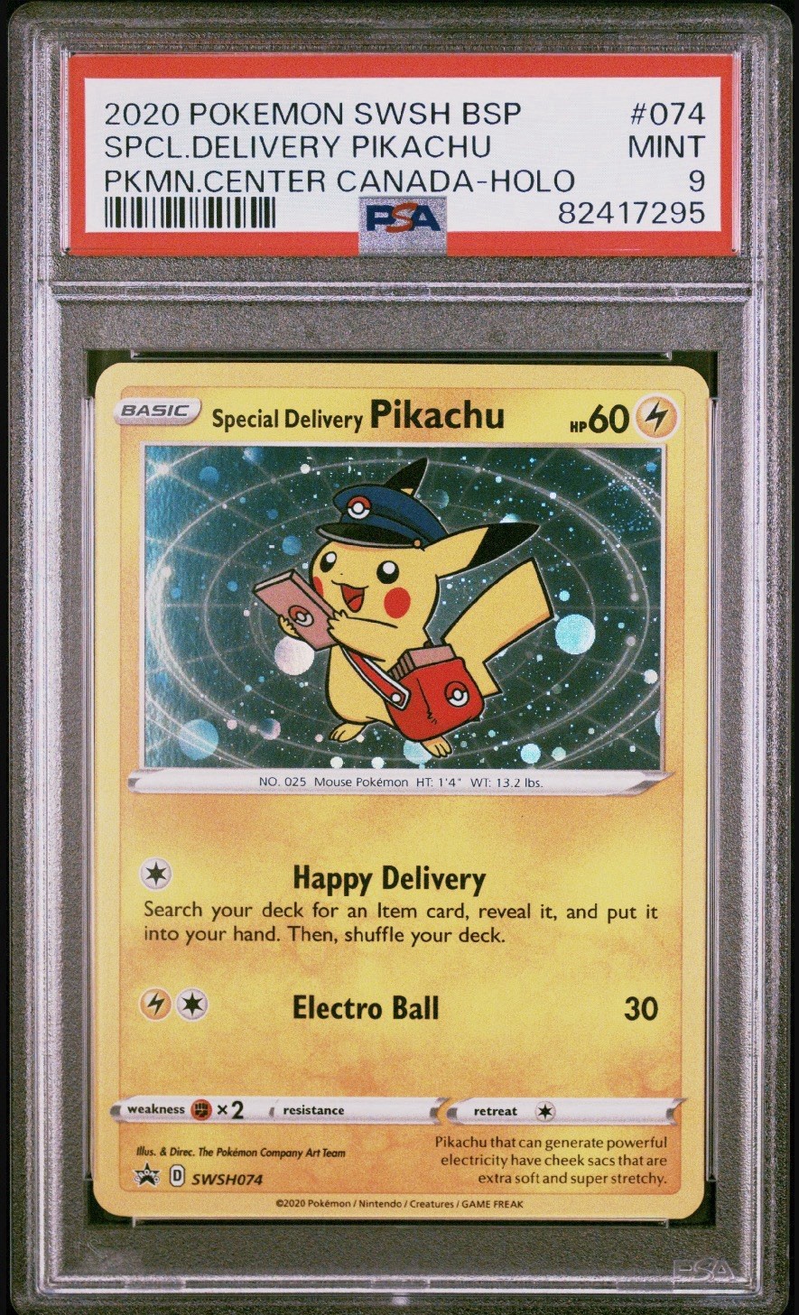 Special Delivery Pikachu Holo SWSH074 Pokemon Center Canada Promo PSA 9 Swirl🌀