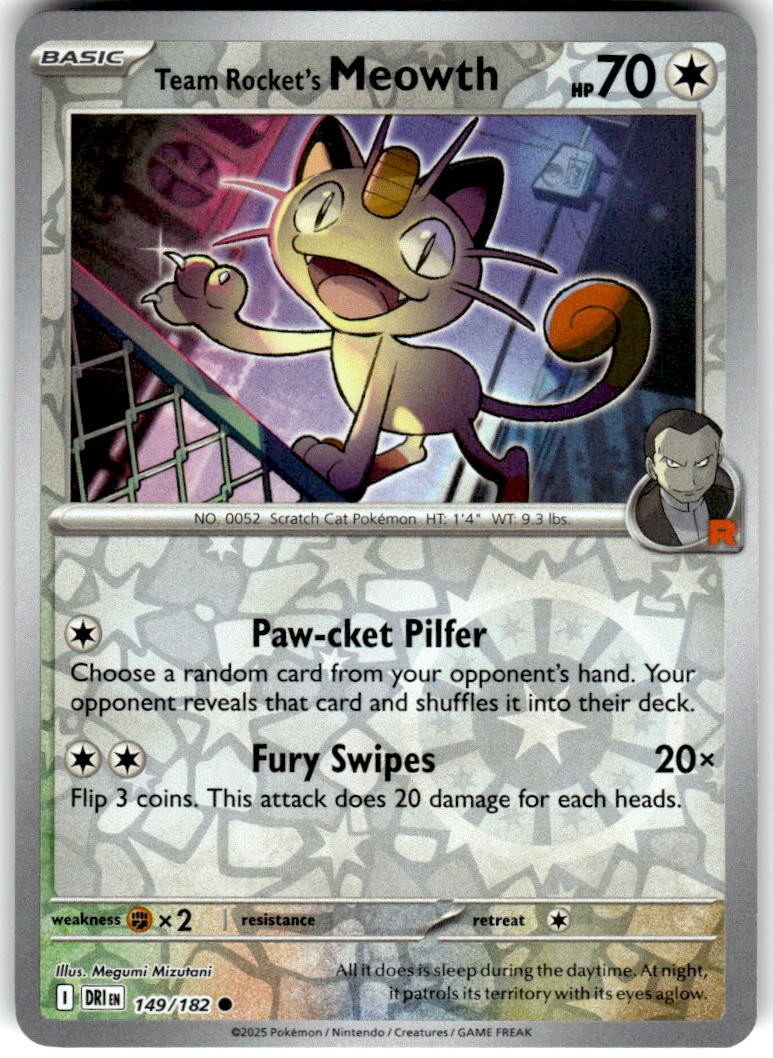 Team Rocket’s Meowth 149/182 Common Destined Rivals Pokemon Reverse Holo NM/M