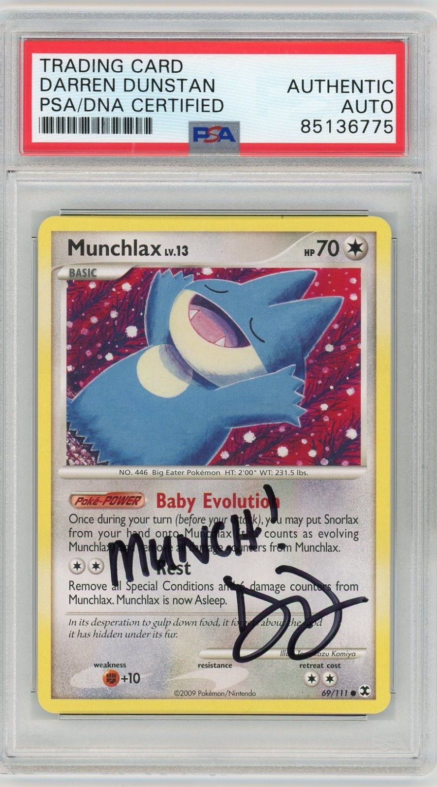 PSA Authentic Signed Darren Dunstan Munchlax 69/111 Pokémon Rising Rivals