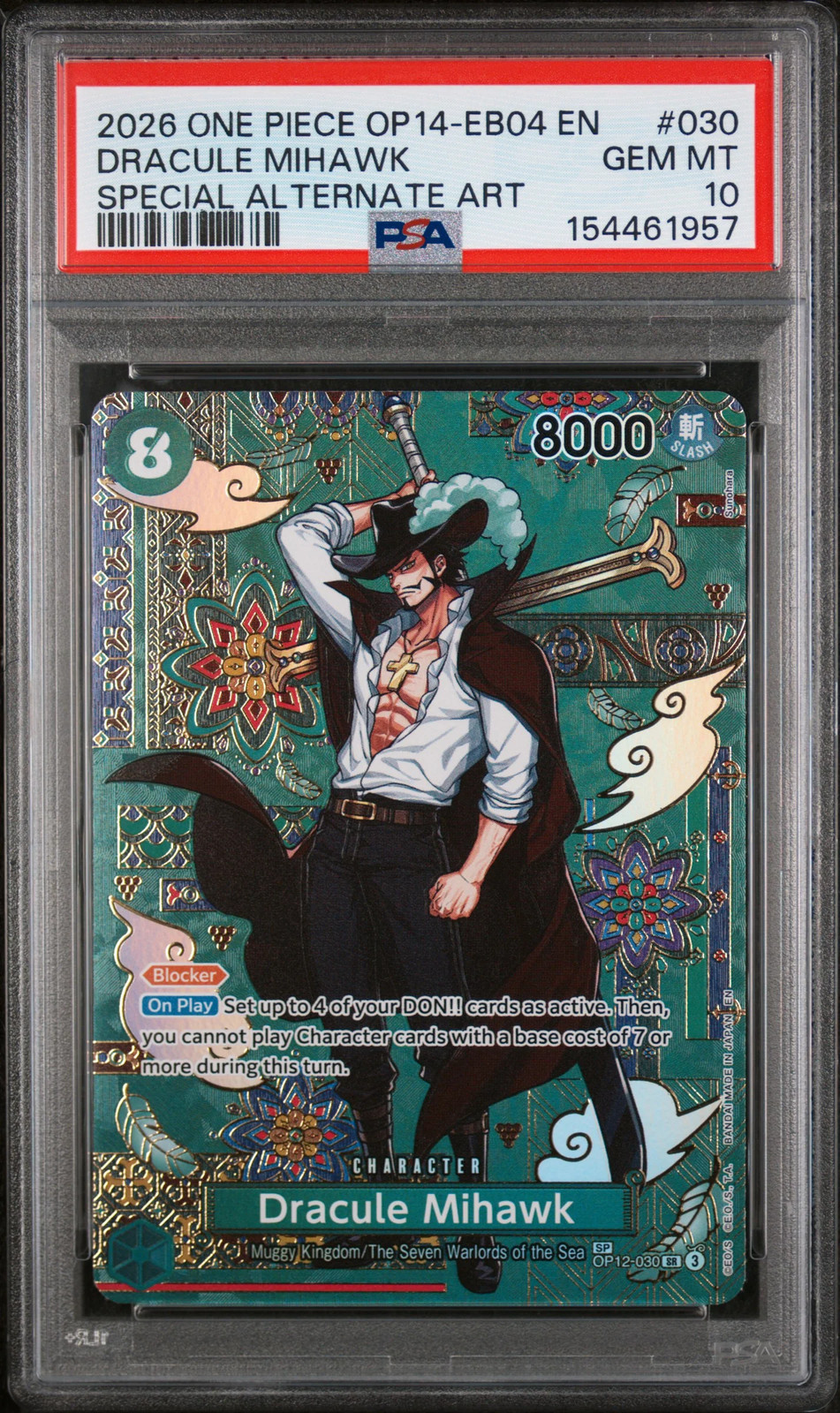 2026 One Piece OP14-EB04 The Azure Sea’s Seven Dracule Mihawk 030 – PSA GEM MT 1