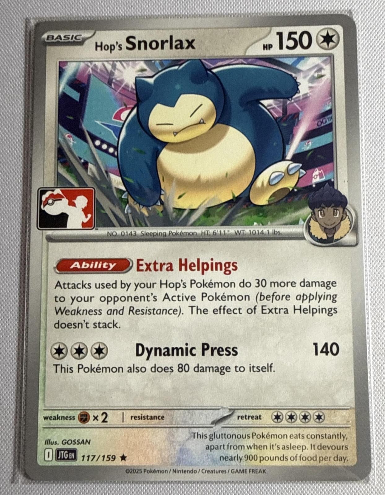 Hop’s Snorlax 117/159 Journey Together Prize Pack Pokemon TCG Non-Holo NM