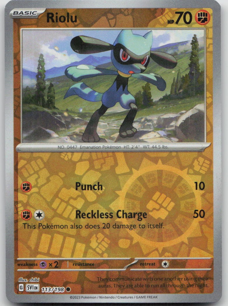 Riolu 113/198 Common Scarlet & Violet Pokemon Reverse Holo Near Mint