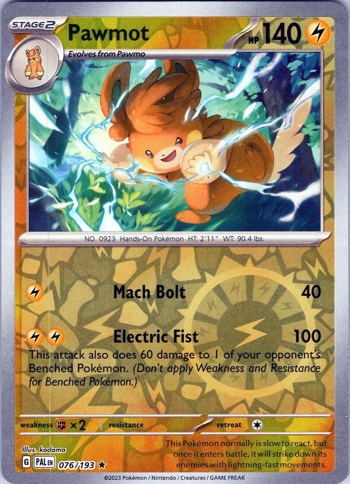 Pokemon – Pawmot 076/193 – Reverse Holo Rare – Paldea Evolved – NM/M