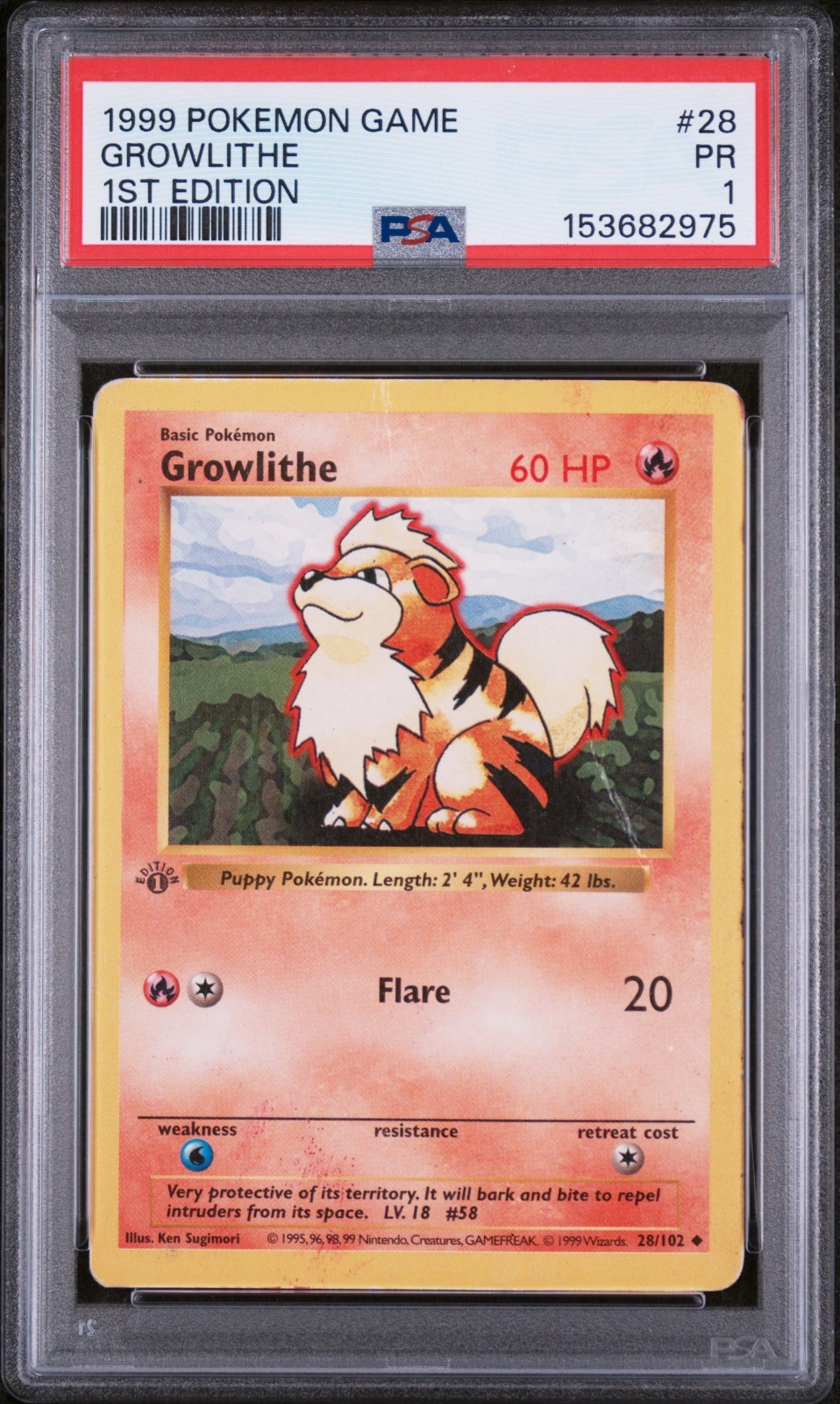 PSA 1 1ST EDITION 1999 Base Set Shadowless Growlithe 28/102 Pokemon Vintage