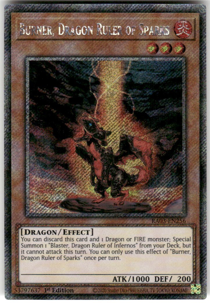 Burner, Dragon Ruler of Sparks Platinum Secret Rare RA03-EN256 Bonanza Yu-Gi-Oh