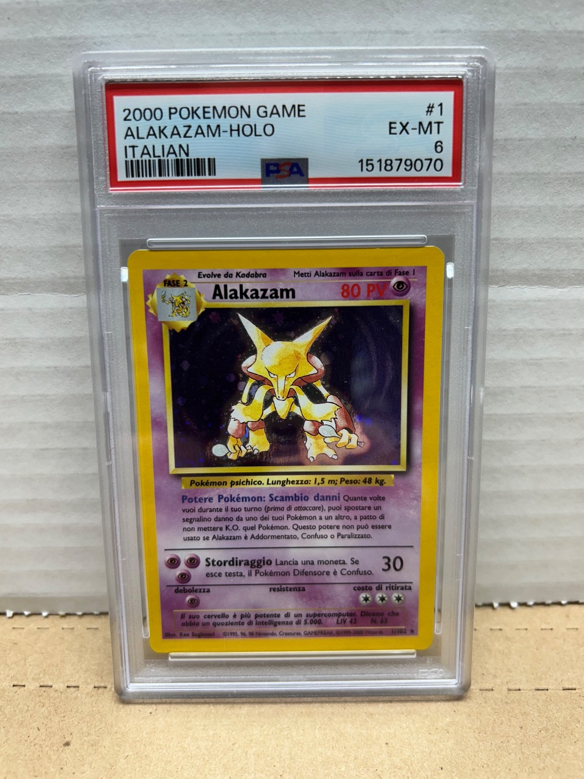2000 Pokemon ITALIAN Unlimited Base Set Alakazam Holo 1/102 PSA 6 EX-MT