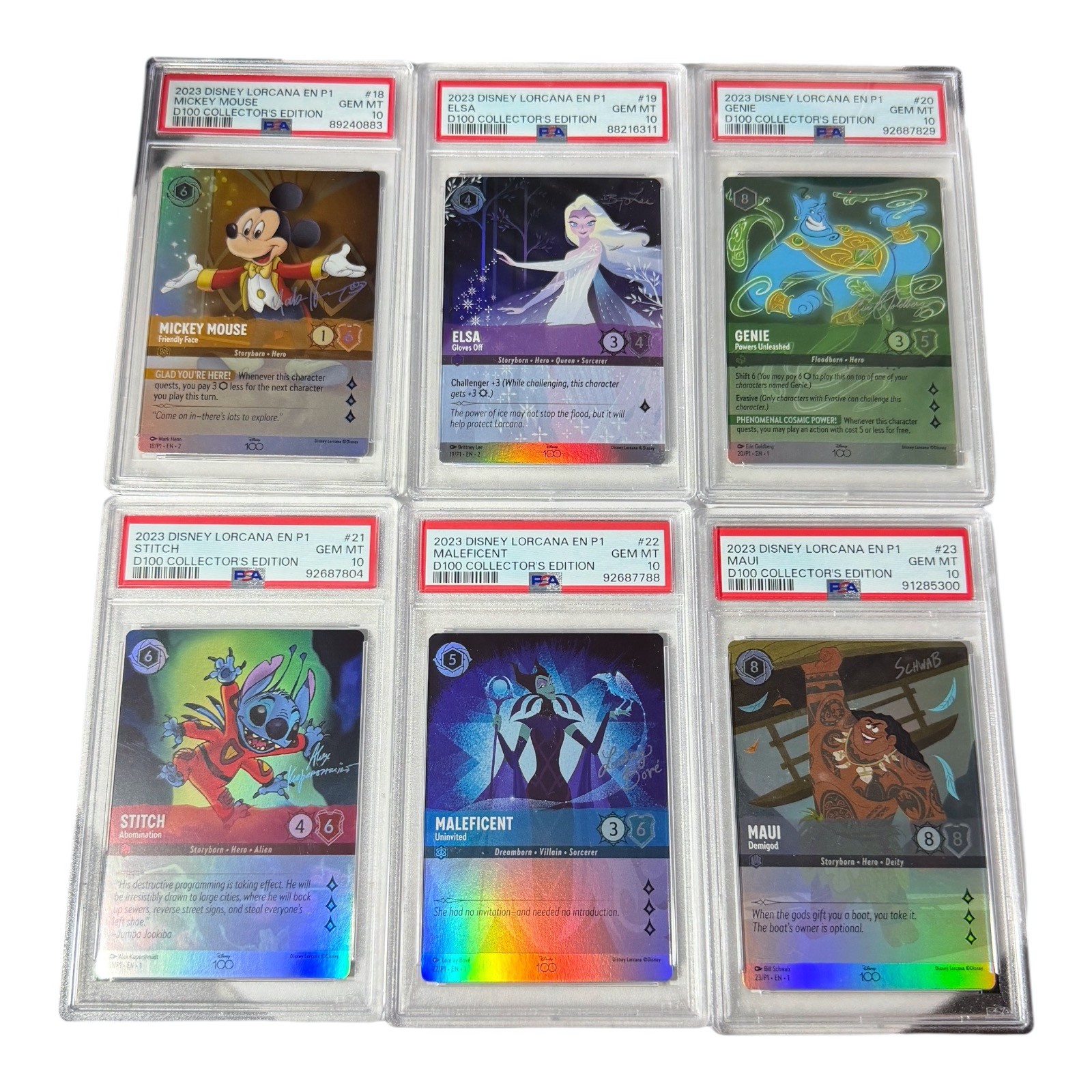 Complete Set Lorcana D100 Disney 100 Mickey Elsa Maui Genie Stitch ALL 6 PSA 10