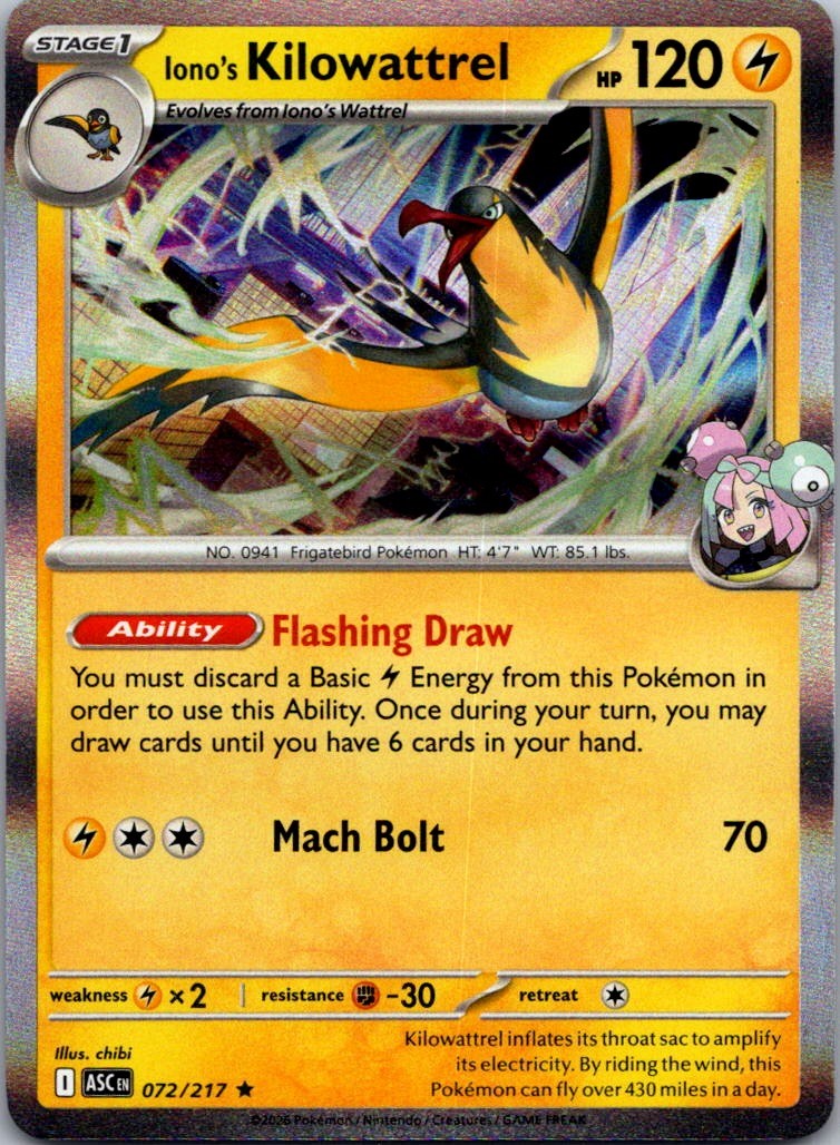 Iono’s Kilowattrel 072/217 Rare Ascended Heroes Pokemon Holo Near Mint