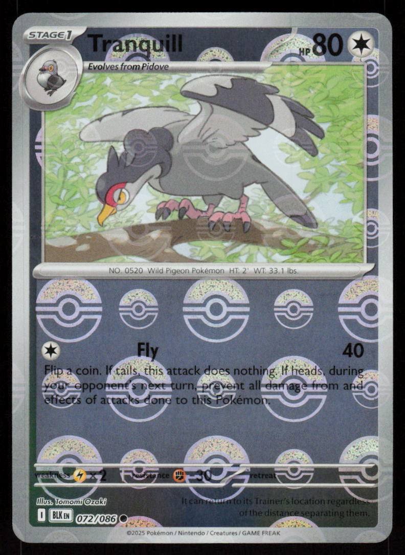 Tranquill (Poke Ball Pattern) 072/086 Holo Common Black Bolt Pokemon Near Mint