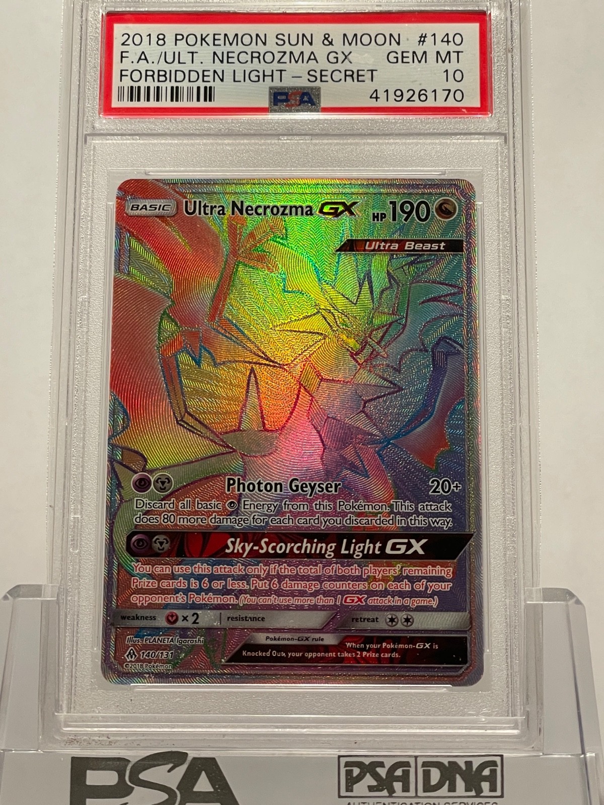 2018 POKEMON SUN & MOON FORBIDDEN LIGHT SECRET FULL ART/ULTRA NECROZMA GX PSA 10