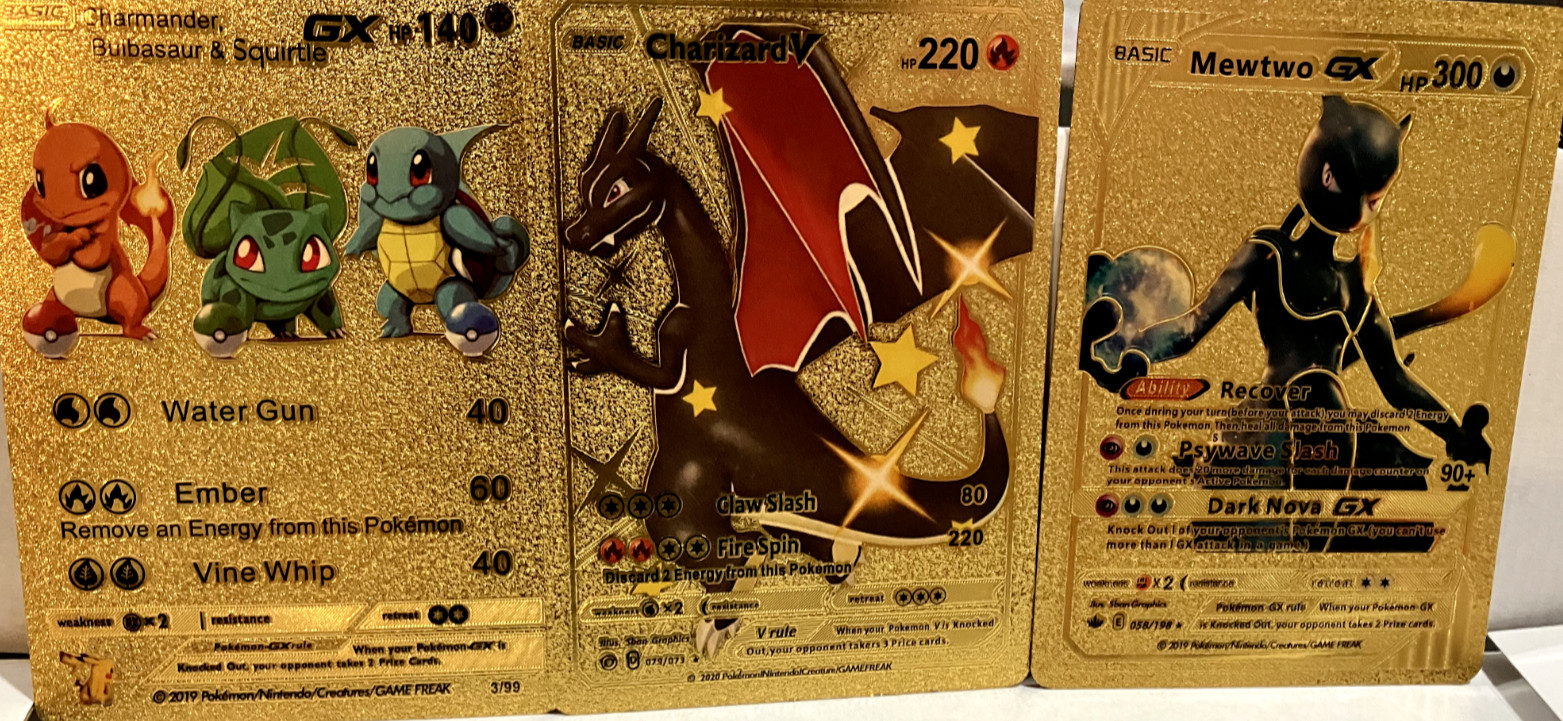 Charizard V HP220 Gold Foil Set, Mewtwo GX HP300 and Charmander Gold Foil GX 140