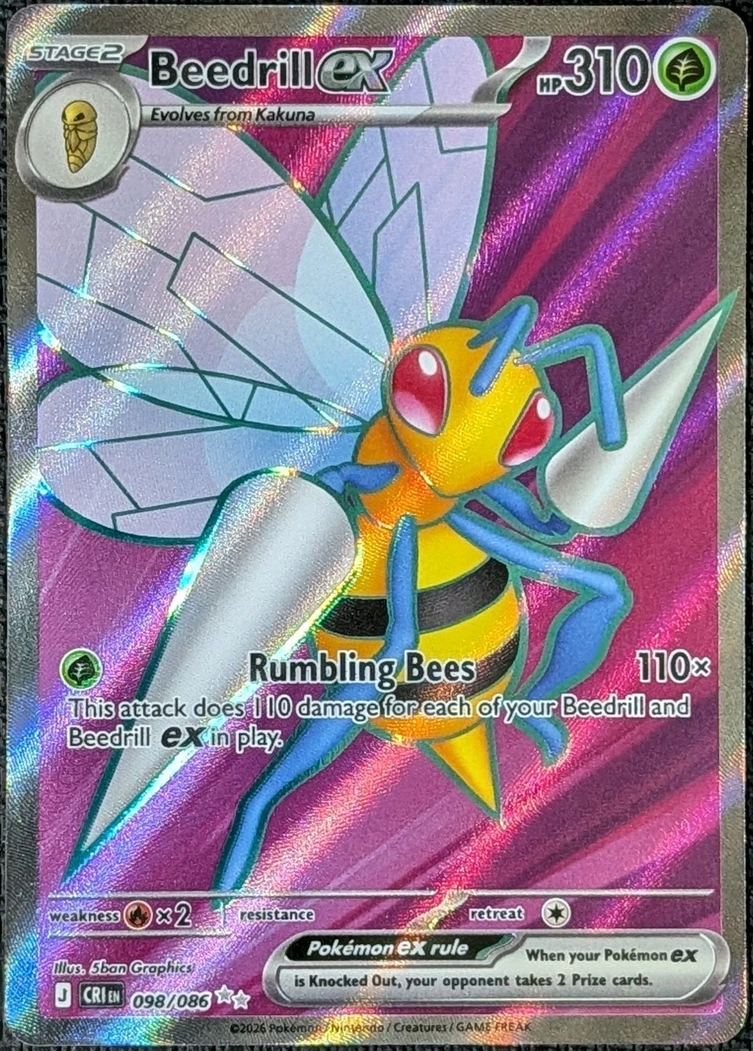 Beedrill ex 098/086 Ultra Rare Me04: Chaos Rising Full Art Pokemon Card NM