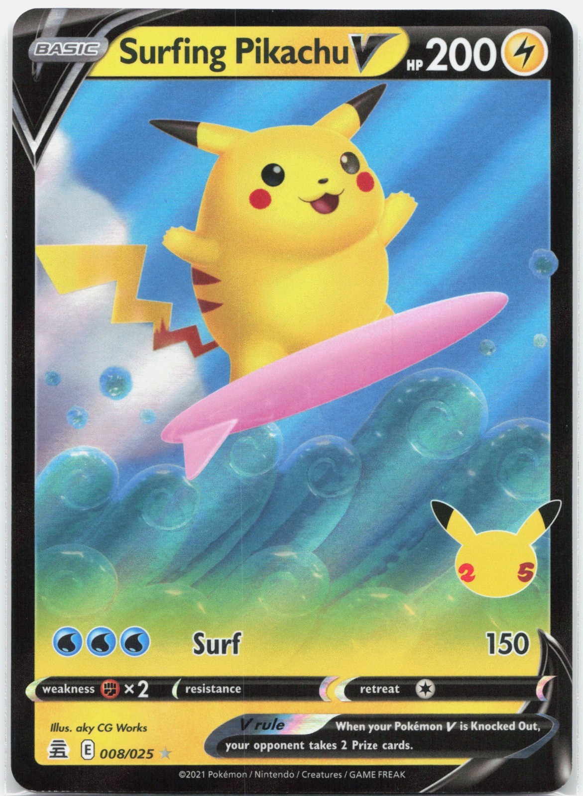 Surfing Pikachu V Ultra Rare Celebrations CLB Lightning Holo 008/025 2021 NM