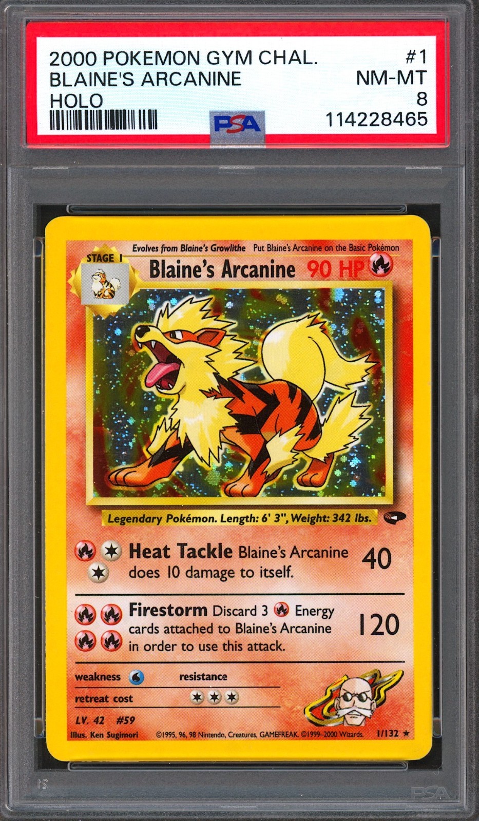 PSA 8 Blaine’s Arcanine Holo 1/132 Gym Challenge Unlimited WOTC POKEMON CARD NM