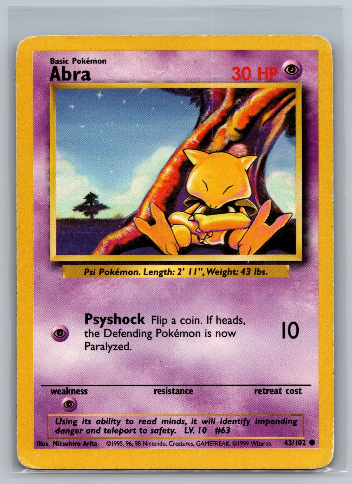 Abra 43/102 Common Base Set Unlimited Pokemon Heavily Played